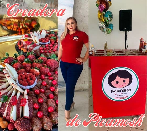 Imagen mostrando a la creadora de picamosh junto con dos de sus servicios, botanas enchiladas y la barra botanera para eventos en Villahermosa, Tabasco.